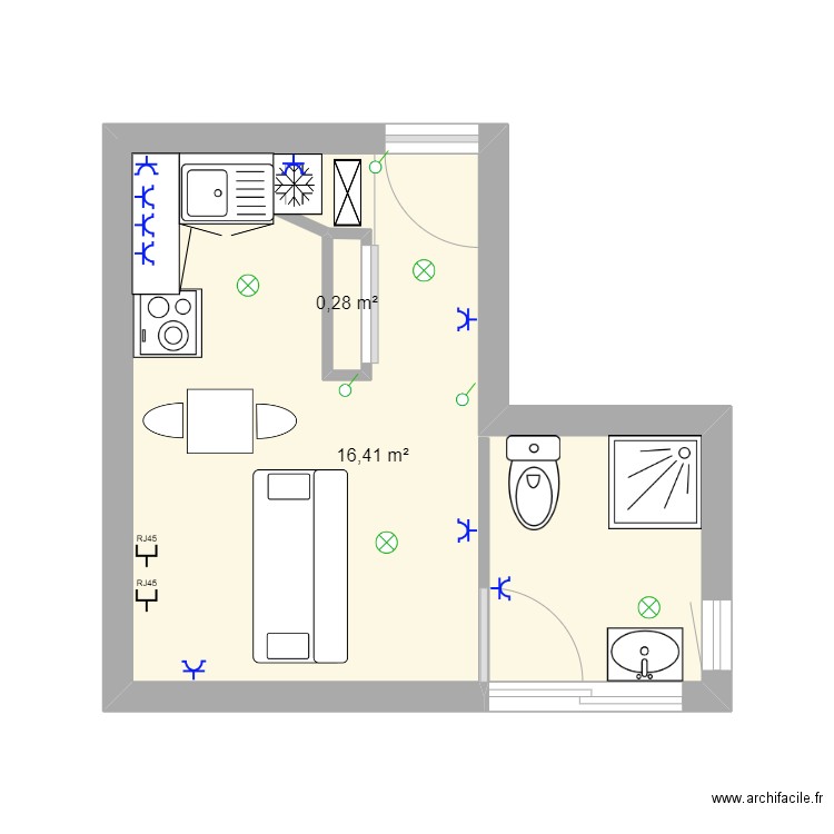 electro. Plan de 2 pièces et 17 m2