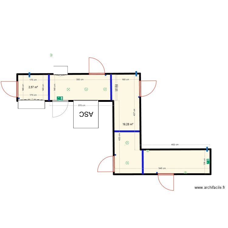 Palier BAT C-20 R+5. Plan de 2 pièces et 22 m2