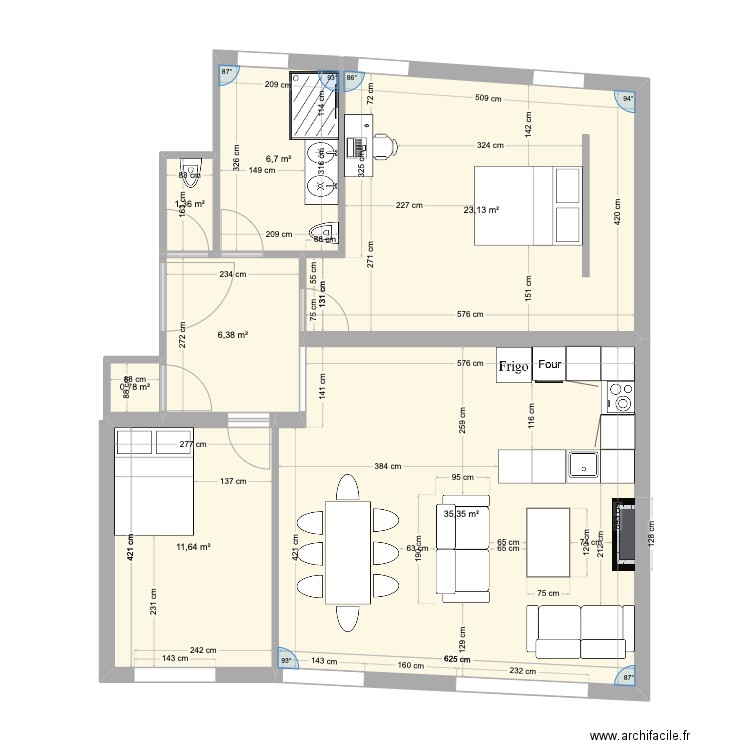 V1_base_cuisine_verriere. Plan de 7 pièces et 85 m2