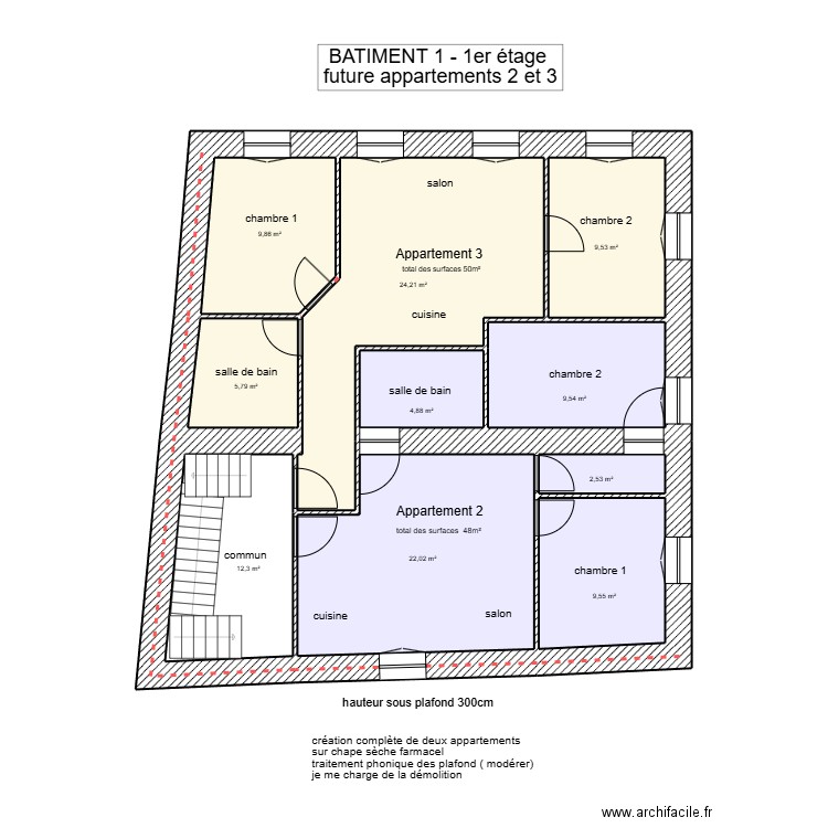 Bâtiment 1 - 1er étage future appartement 2 et 3. Plan de 10 pièces et 110 m2