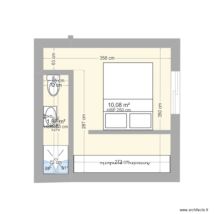 chambre. Plan de 2 pièces et 12 m2