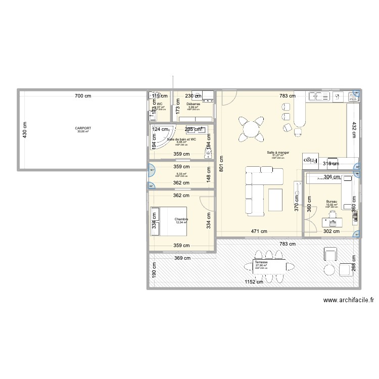 PLAN MAISON F3 modules 1 9x3,6 et 2 8x4 + terrasse. Plan de 9 pièces et 151 m2