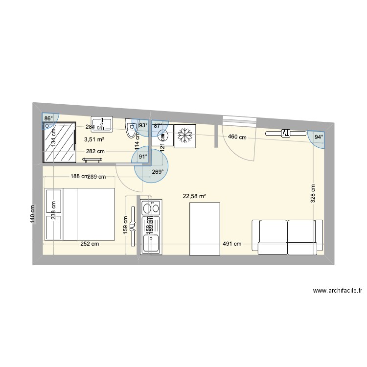 studio entre deux guier. Plan de 2 pièces et 26 m2