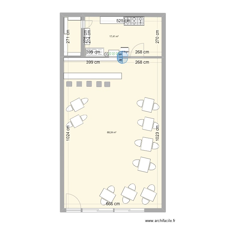 projet BTS cuisine. Plan de 2 pièces et 51 m2