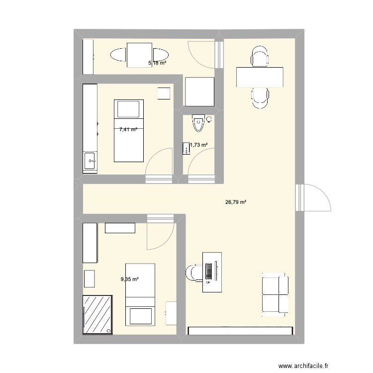 salle de soin. Plan de 5 pièces et 50 m2