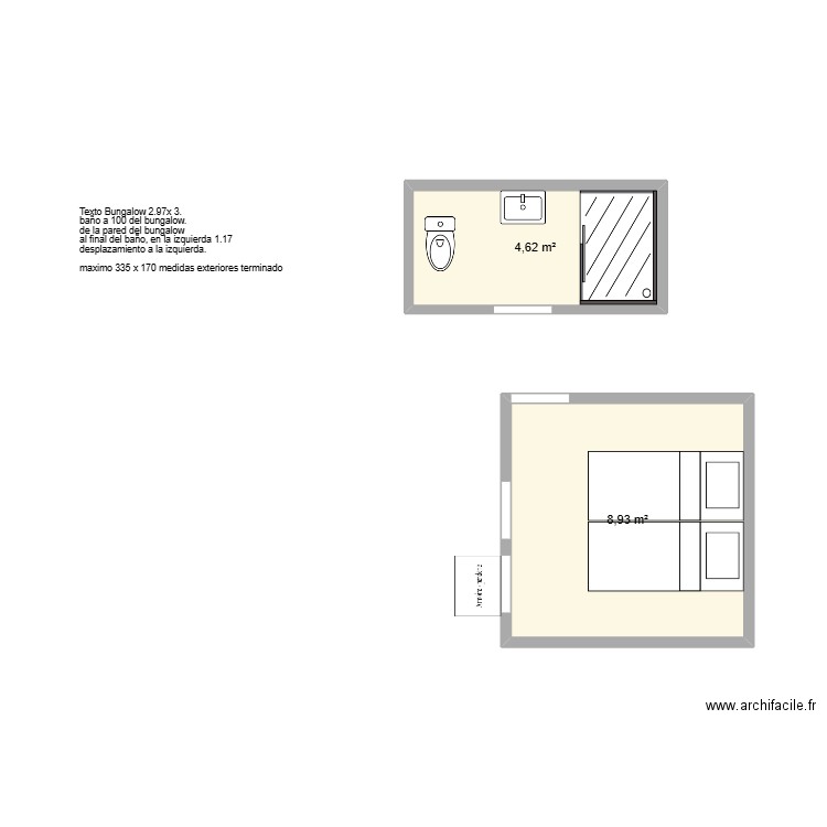 bungalow baño. Plan de 2 pièces et 14 m2