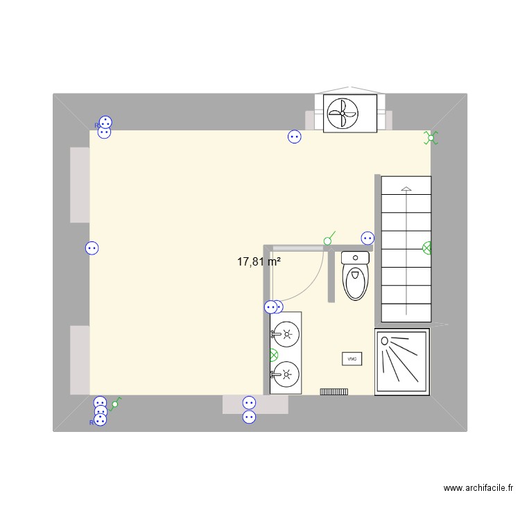 niveau 2.1 Electricite. Plan de 1 pièce et 18 m2