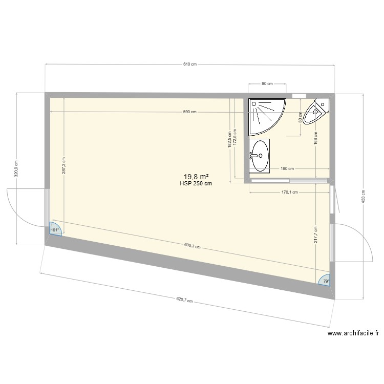 Plan Studio 2. Plan de 1 pièce et 20 m2