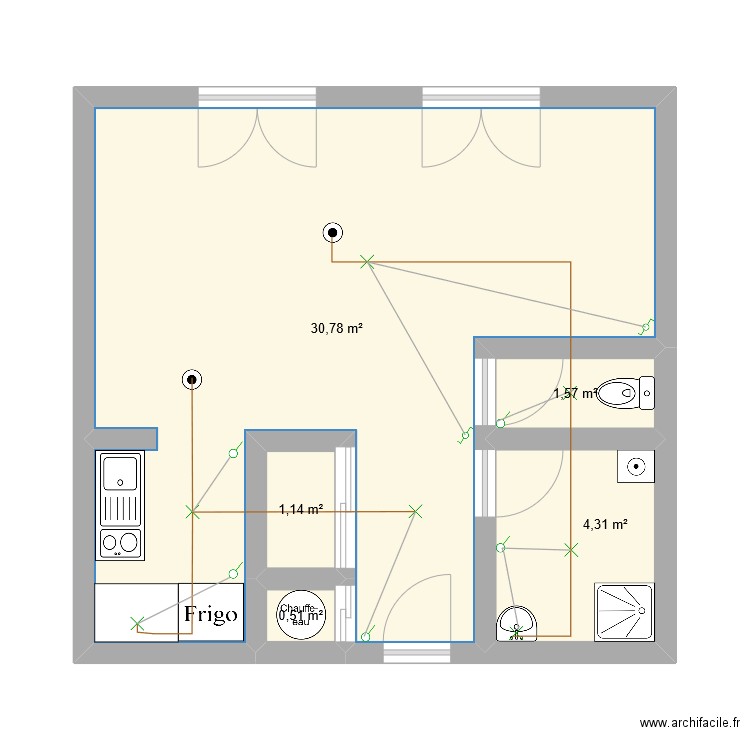 eclairage. Plan de 5 pièces et 38 m2