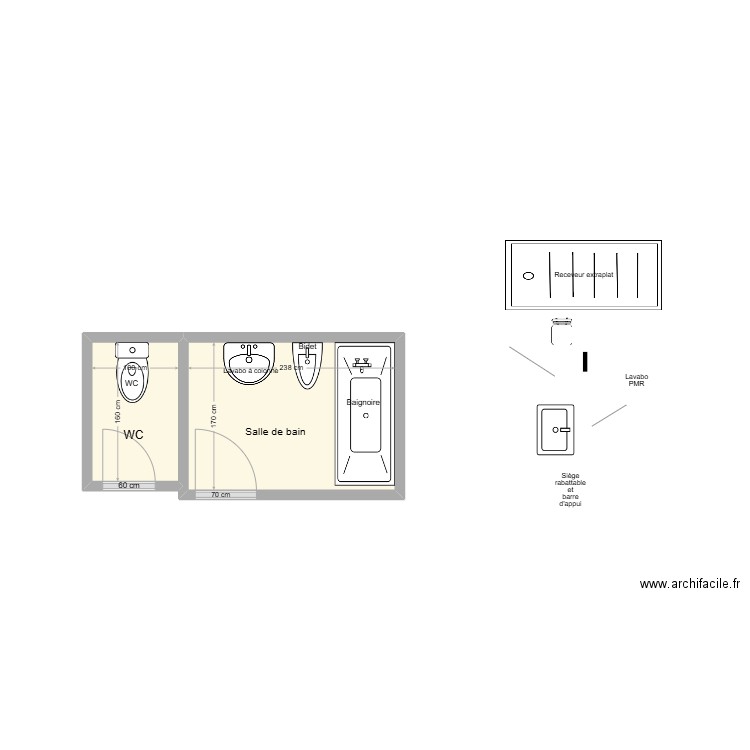 BUGNAS SDB Existant. Plan de 2 pièces et 6 m2