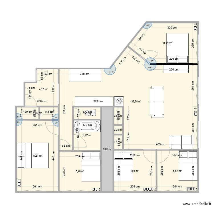 levallois4. Plan de 14 pièces et 94 m2