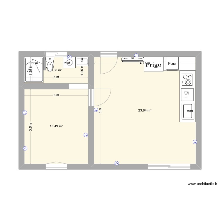 Extension meublé. Plan de 3 pièces et 38 m2