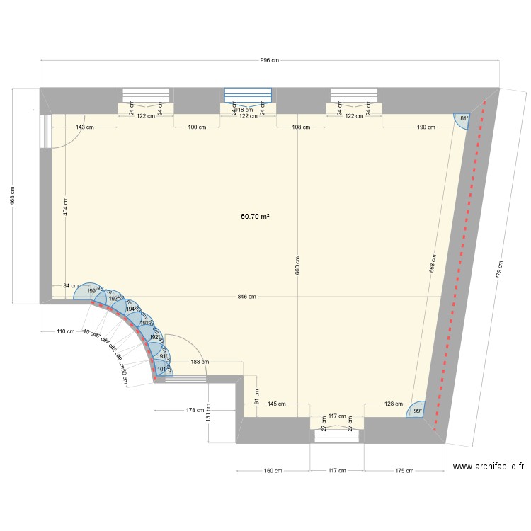 6Tunnel bas cotations corrigées. Plan de 1 pièce et 51 m2