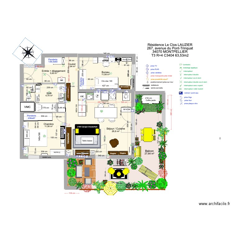 T3 C3404 _ Résidence Le Clos Lauzier 4 (cuisine 2,4m console 2). Plan de 8 pièces et 91 m2