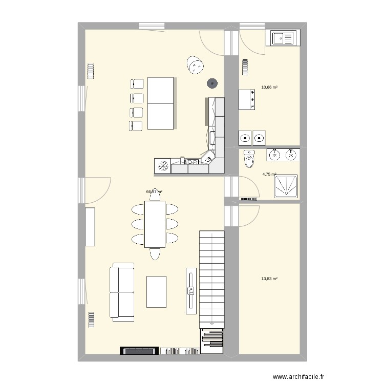 RDC2. Plan de 4 pièces et 96 m2