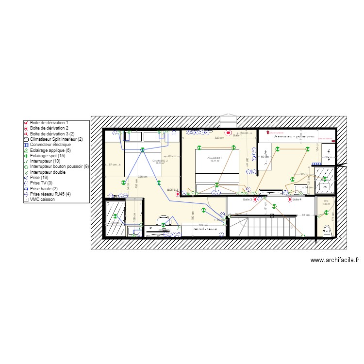 Maison etage  futur version electricite. Plan de 4 pièces et 38 m2