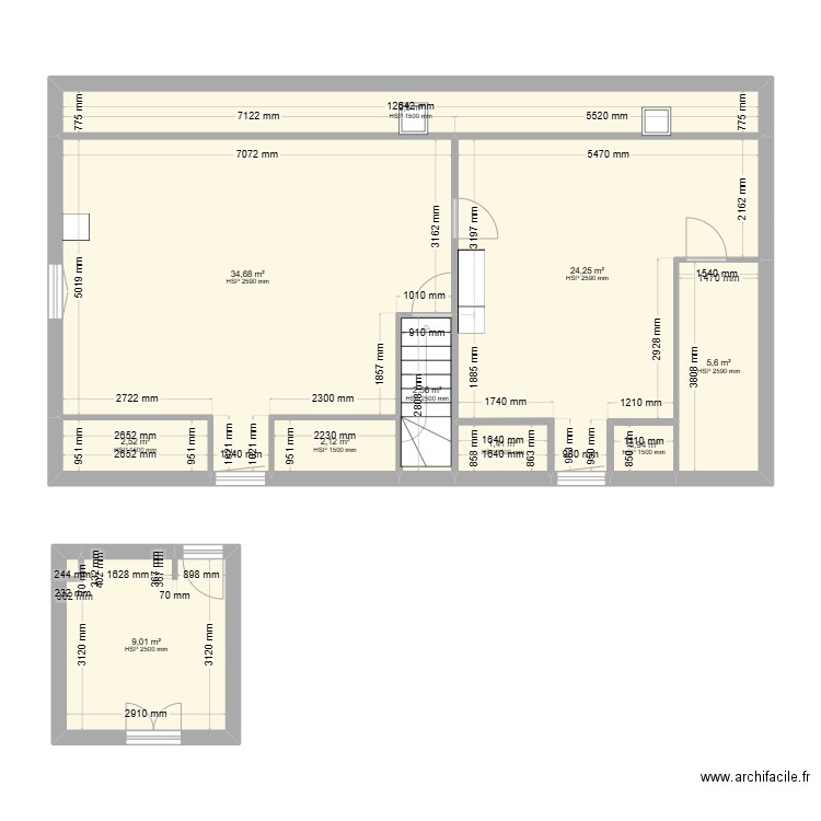 Existant. Plan de 10 pièces et 93 m2