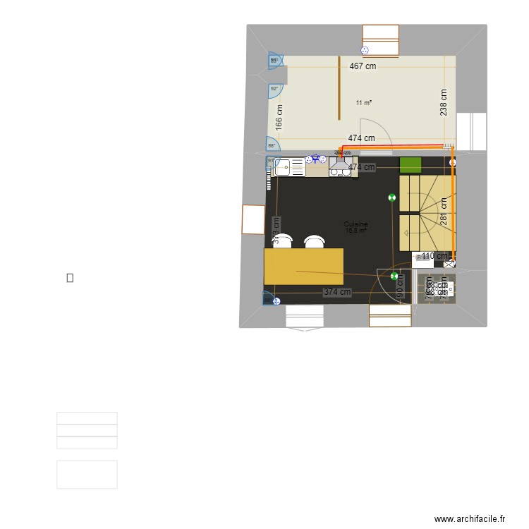 cuisine. Plan de 3 pièces et 29 m2