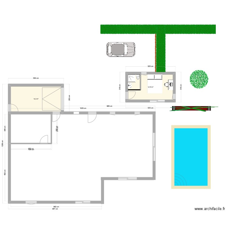 local externe. Plan de 2 pièces et 27 m2