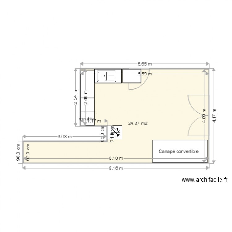 Bocar Cuisine/Salon Meubles bas sans LL. Plan de 1 pièce et 24 m2