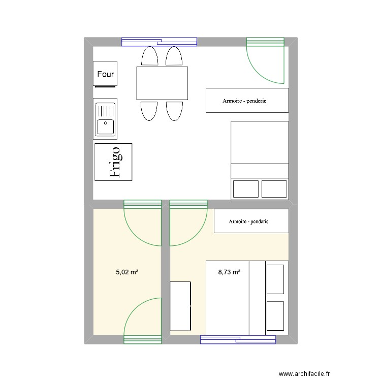 APT. Plan de 2 pièces et 14 m2