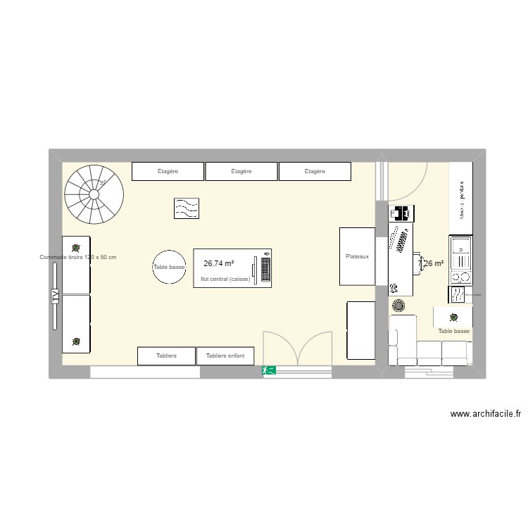 magasin patisserie. Plan de 2 pièces et 34 m2