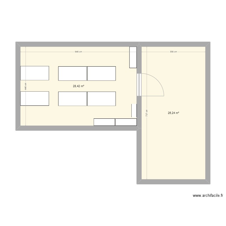 Bureau taff. Plan de 2 pièces et 55 m2