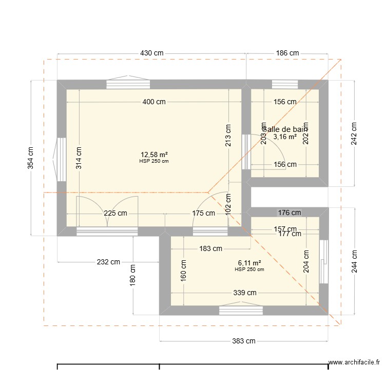 badesso. Plan de 3 pièces et 22 m2