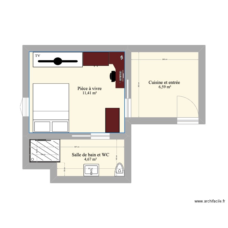 Plan appart après rénovation. Plan de 3 pièces et 23 m2