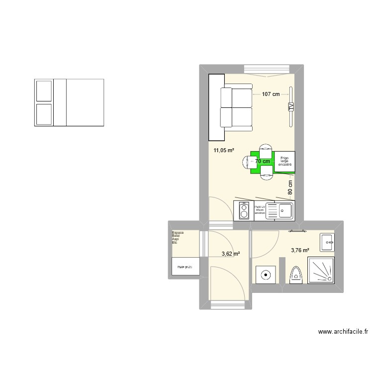 Manon & Pierre V2. Plan de 3 pièces et 18 m2