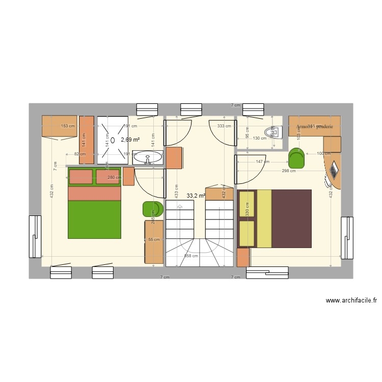 Vaux étage3. Plan de 2 pièces et 36 m2