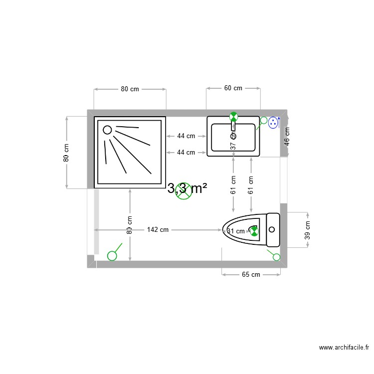 sdb. Plan de 1 pièce et 3 m2