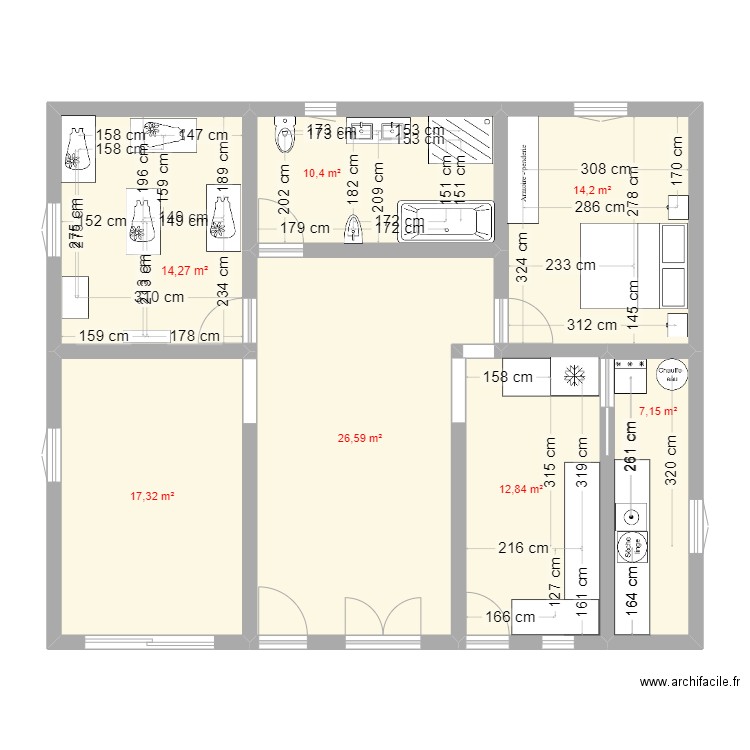 Maison plein pied. Plan de 7 pièces et 103 m2