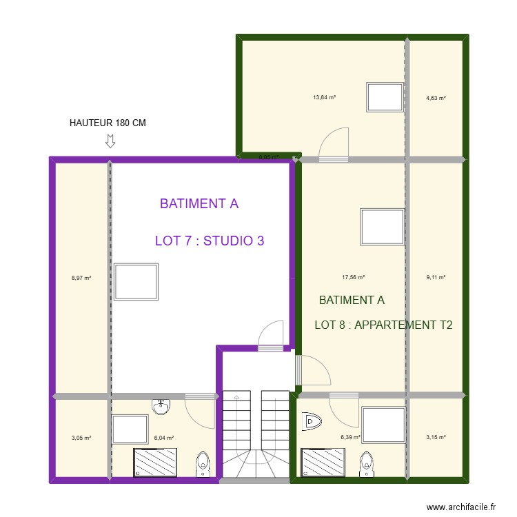 ETAGE 2 : LOTS 7-8. Plan de 10 pièces et 73 m2