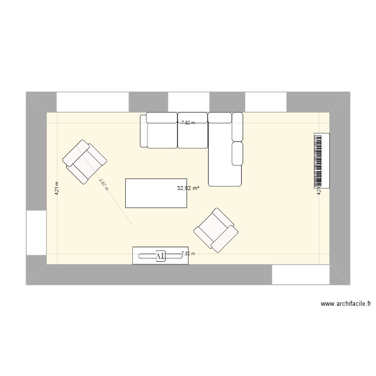 Saloon après déplacement porte fenêtre. Plan de 1 pièce et 33 m2