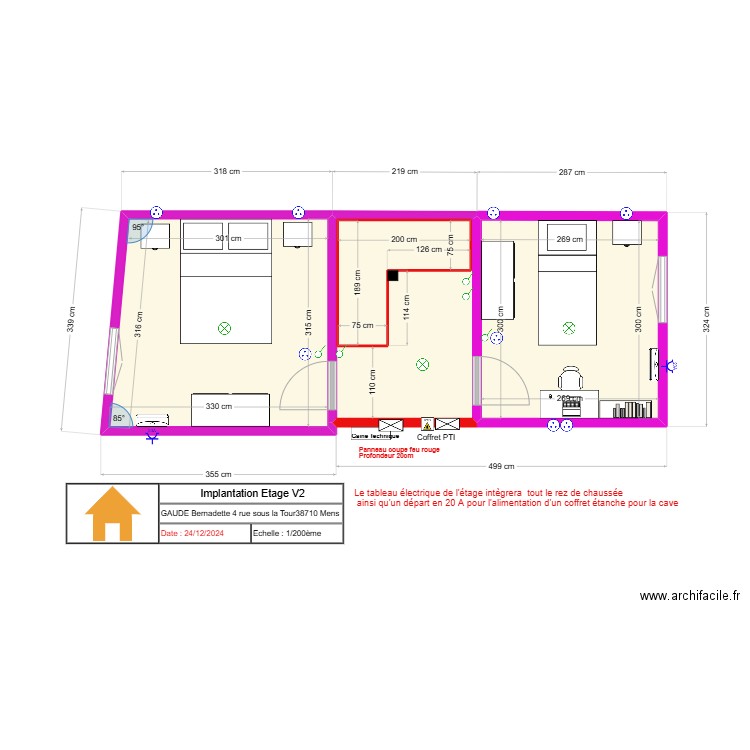  Implantation Etage V2. Plan de 2 pièces et 9 m2