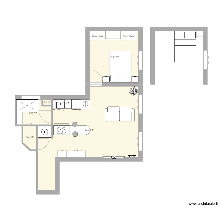 PARIS2. Plan de 5 pièces et 42 m2