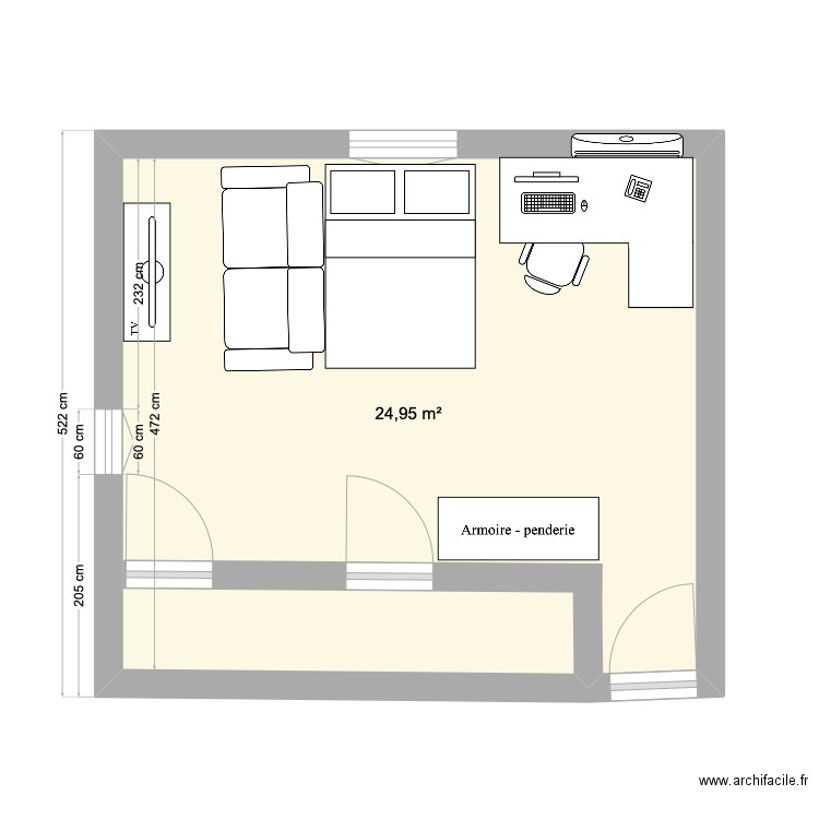 Plan chambre Solyane. Plan de 1 pièce et 25 m2