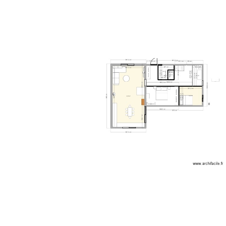 PLAN FUSTE PLAIN PIED EN L BAIE CATHEDRALE. Plan de 5 pièces et 65 m2