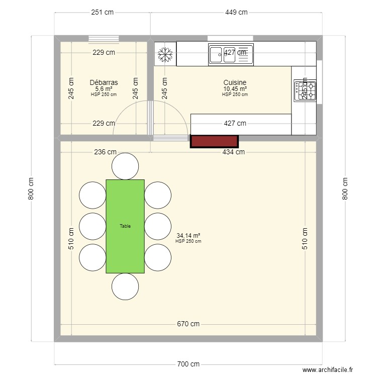 Faré cuisine extérieure. Plan de 3 pièces et 50 m2