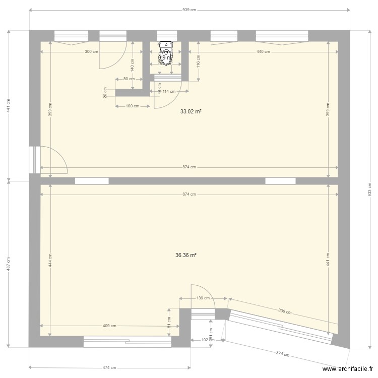 Boulangerie. Plan de 3 pièces et 70 m2