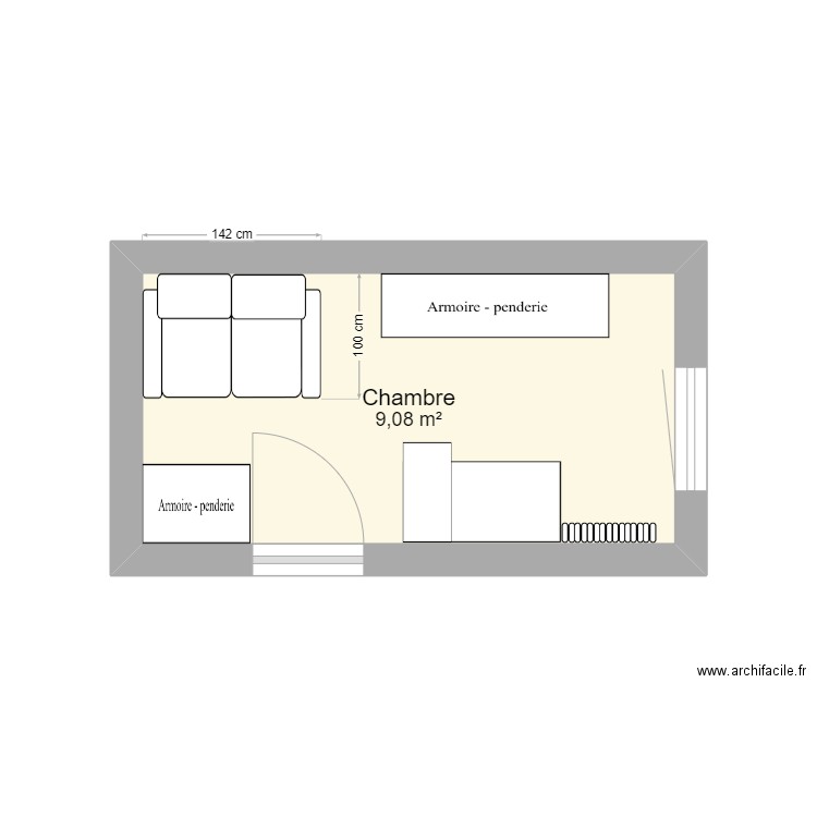 chambre. Plan de 1 pièce et 9 m2