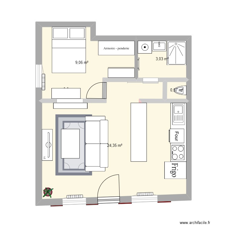 T2 après travaux. Plan de 4 pièces et 37 m2