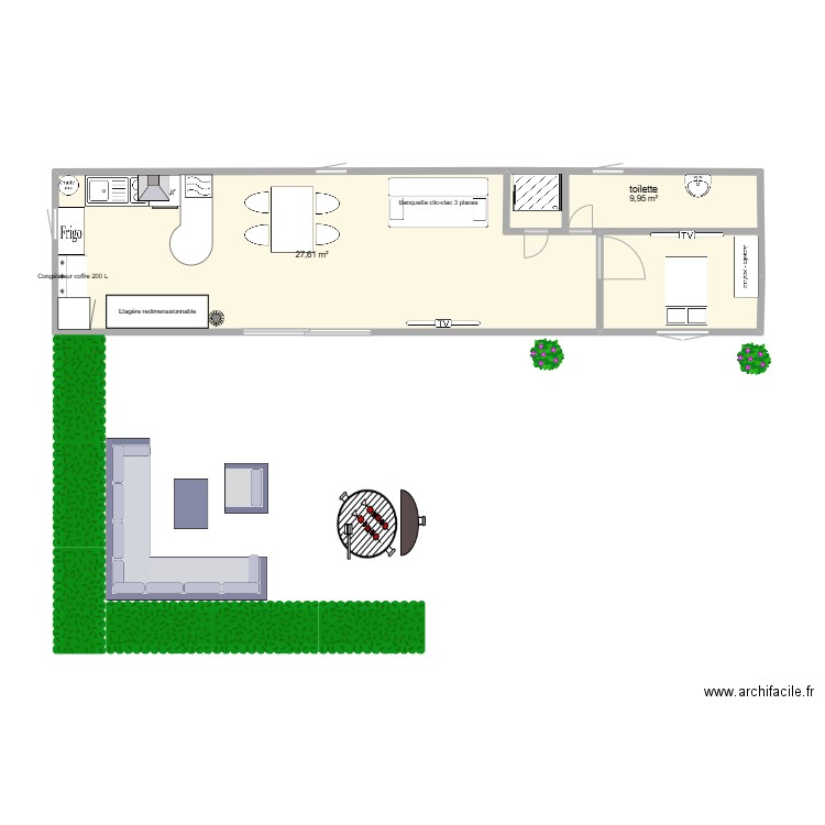 mobilhome. Plan de 2 pièces et 38 m2