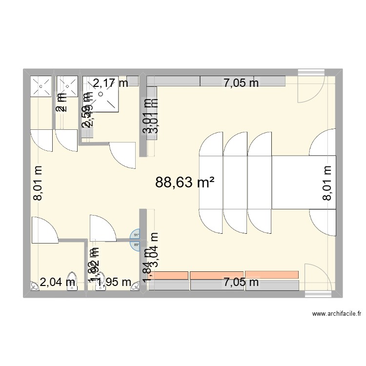 Vestiaire. Plan de 1 pièce et 89 m2