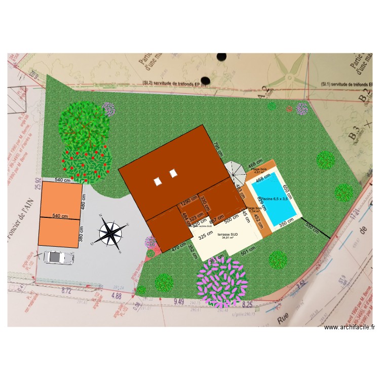 piscine 3 x 5. Plan de 4 pièces et 56 m2