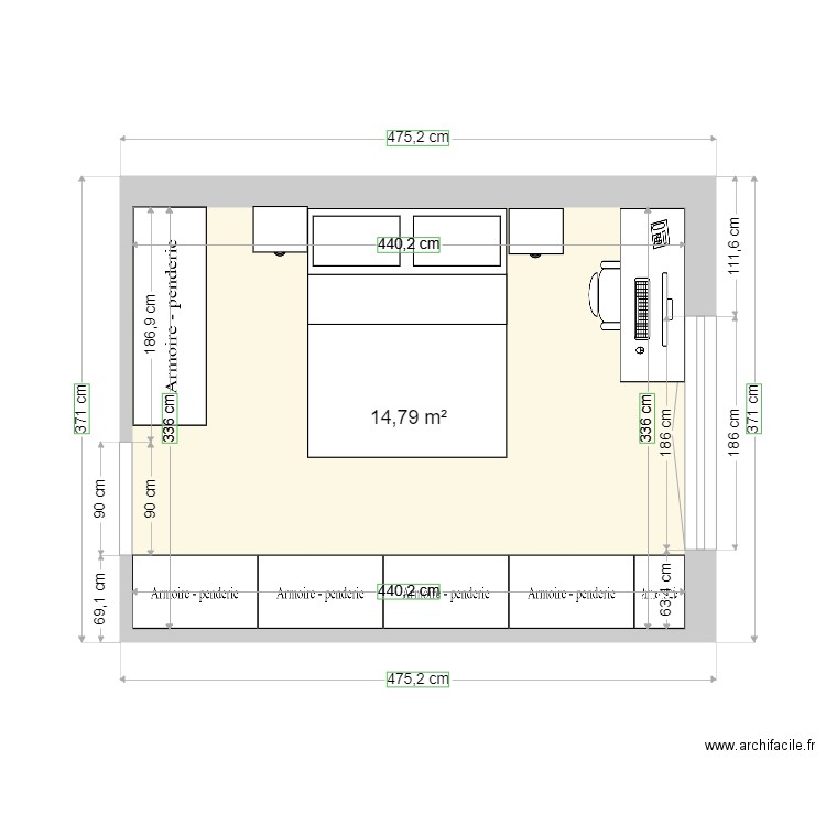 Chambre 1. Plan de 1 pièce et 15 m2