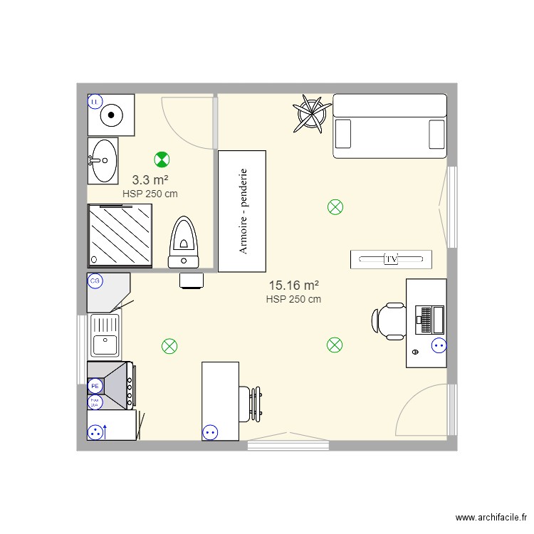 Studio DM. Plan de 2 pièces et 18 m2