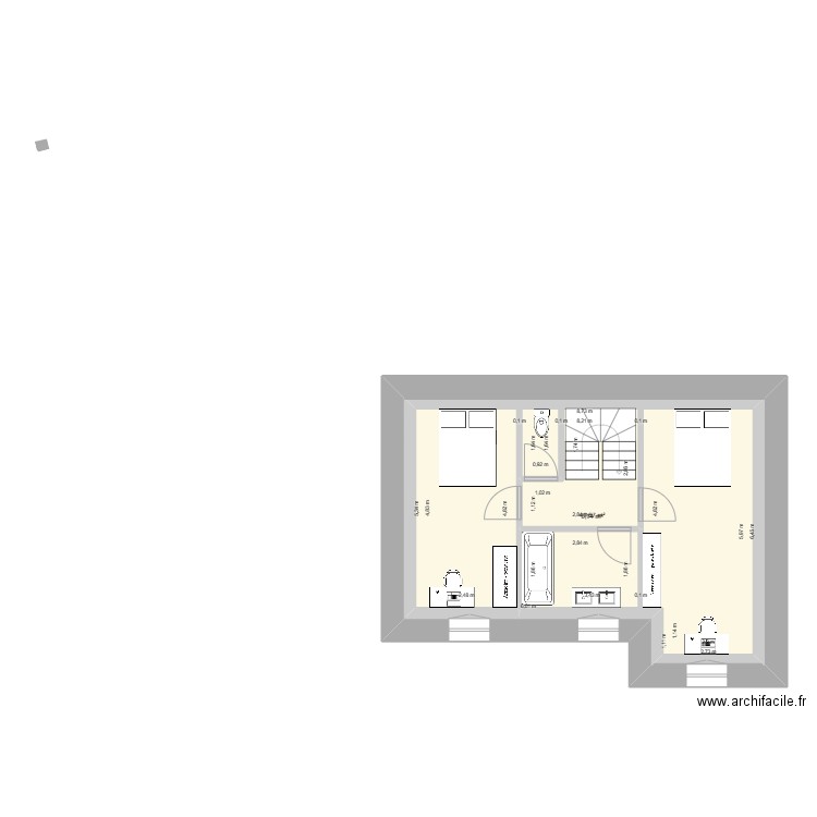 R+1. Plan de 2 pièces et 90 m2