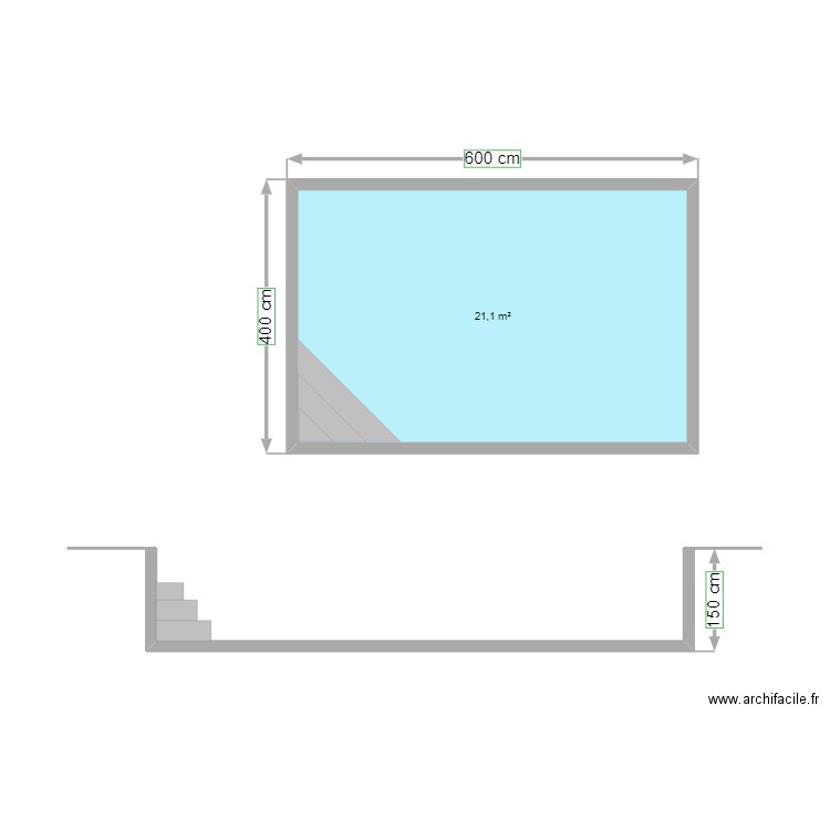 Plan en coupe piscine. Plan de 1 pièce et 21 m2